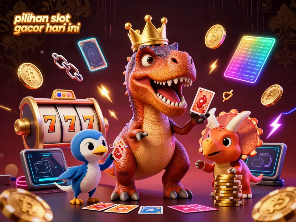 Gambarlah pilihan slot gacor hari ini bersama T-Rex, pterodactyl, dan triceratops yang bermain kartu dan chip emas.