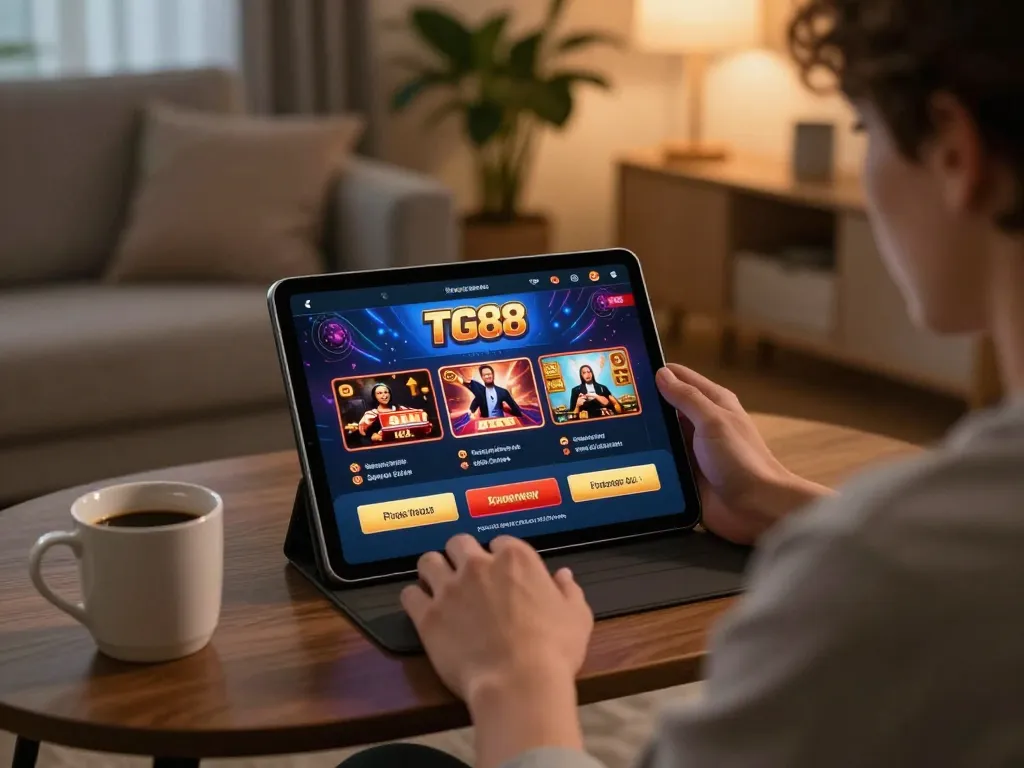 Player enjoying TG88 casino with tablet, showcasing engaging online gaming environment.