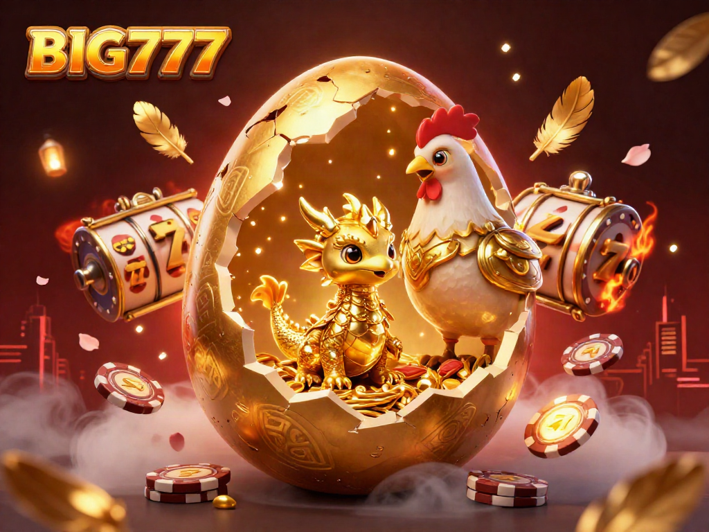 Spin the BIG777 slots as a golden dragon emerges, guarding poker chips amidst festive casino elements.