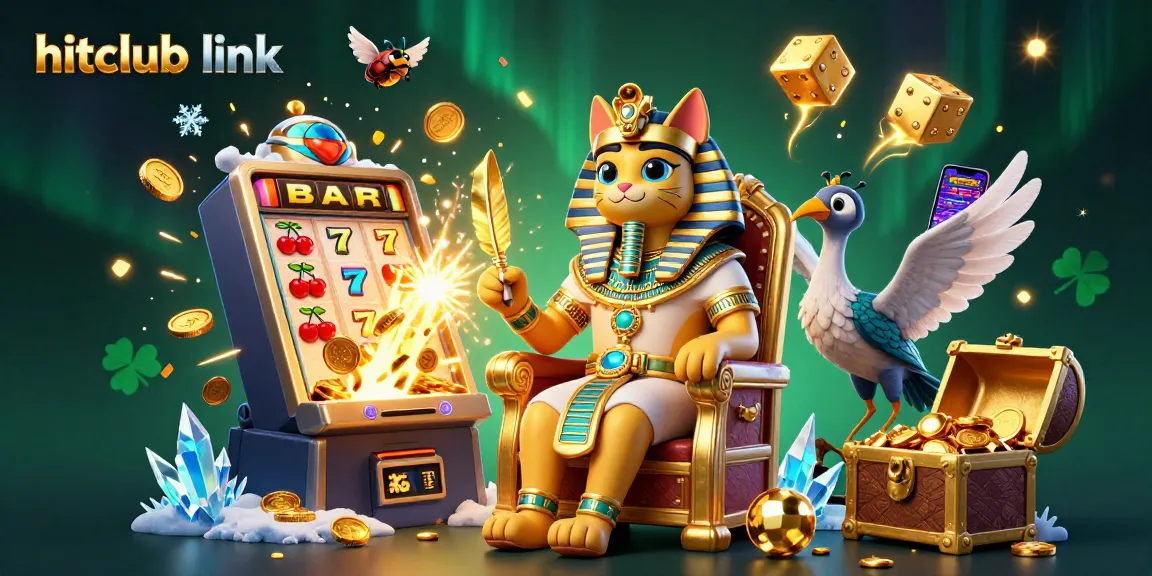 Win big with Hitclub link at this vibrant casino illustration featuring pharaoh cat and slot machines.