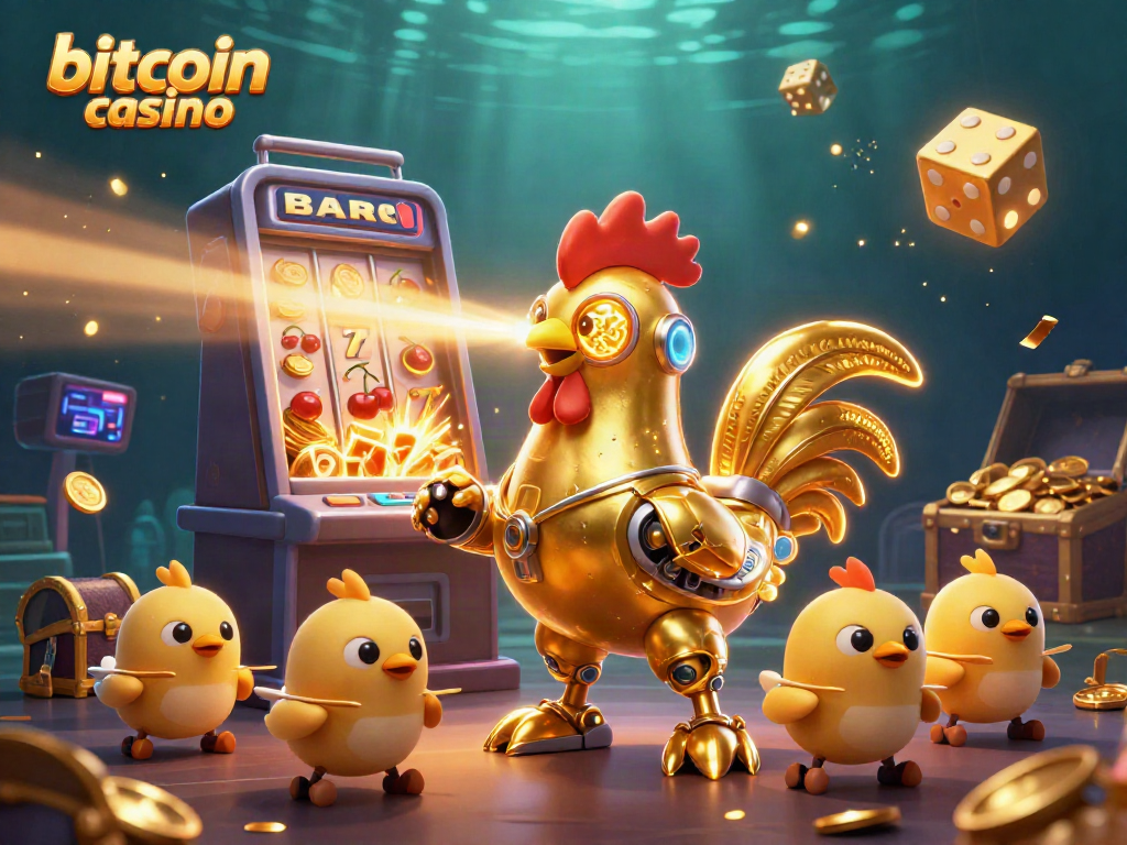 Experience the excitement of a bitcoin casino with a golden rooster robot and dynamic gaming elements.