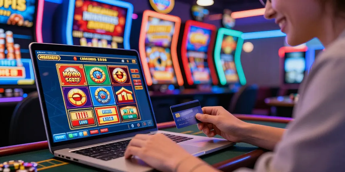 Exciting scene of casinos that accept credit cards with a player engaging on a laptop surrounded by vibrant game visuals.