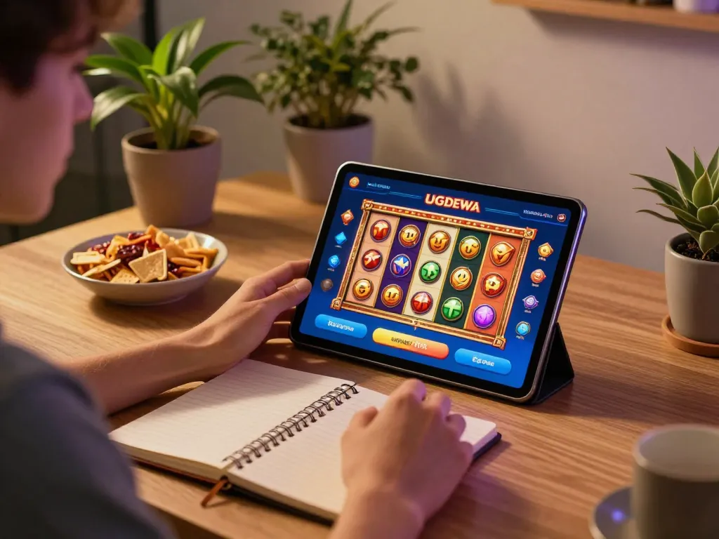 UGDEWA player spinning slot reels on a tablet in a cozy home setting, highlighting online casino gaming excitement.