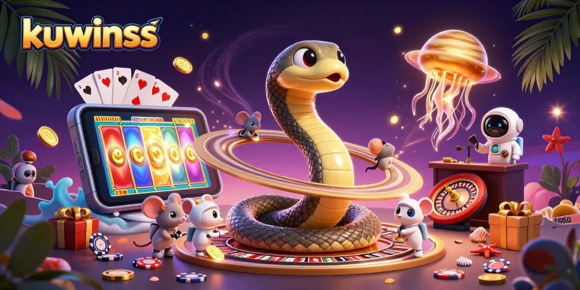 Experience thrilling action at kuwinss, with vivid illustrations of casino games and colorful space elements.