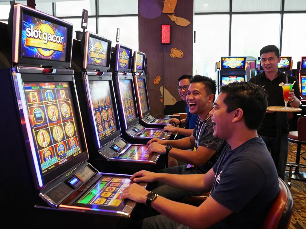 Exciting casino scene with friends enjoying slot gacor machines and vibrant atmosphere.