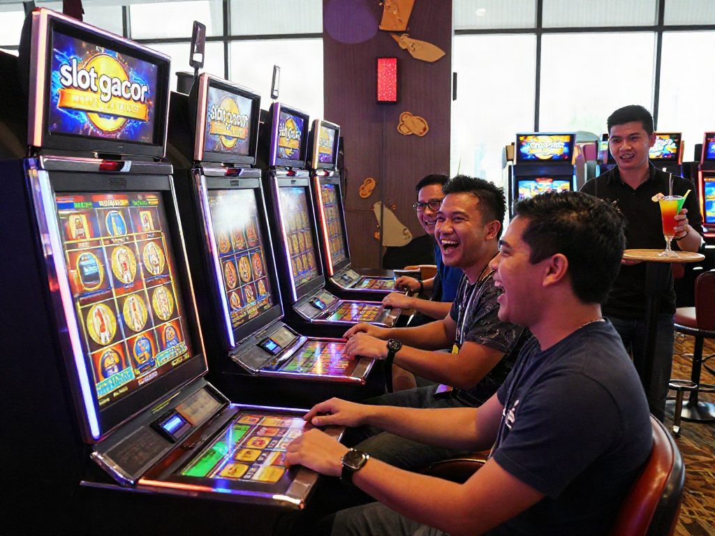Exciting casino scene with friends enjoying slot gacor machines and vibrant atmosphere.