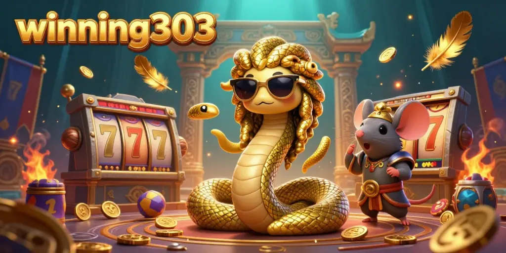 Experience the winning303 excitement with a vibrant scene of friendly Greek Medusa and a warrior mouse in an online casino.