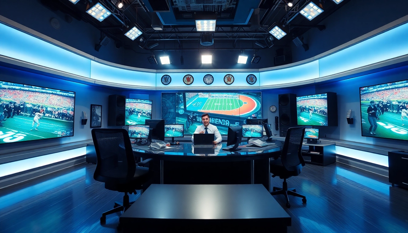Engaging scene of sports broadcasting with dynamic visuals and a professional setup, showcasing Sports Broadcasting.