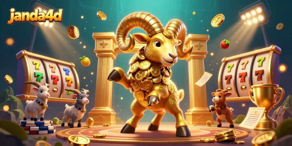 Permainan janda4d dengan simbol keberuntungan dan jackpot berwarna cerah dalam ilustrasi 3D yang menawan