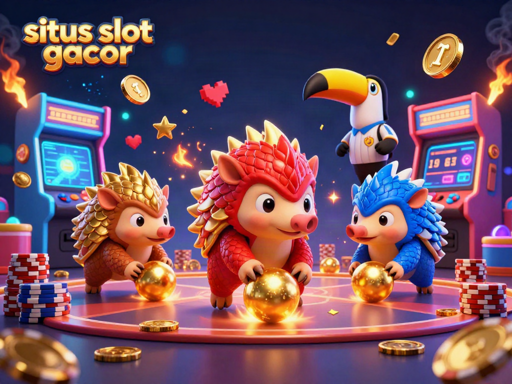 Rival penguin bersaing dalam permainan situs slot gacor dengan bola emas dan chip poker.