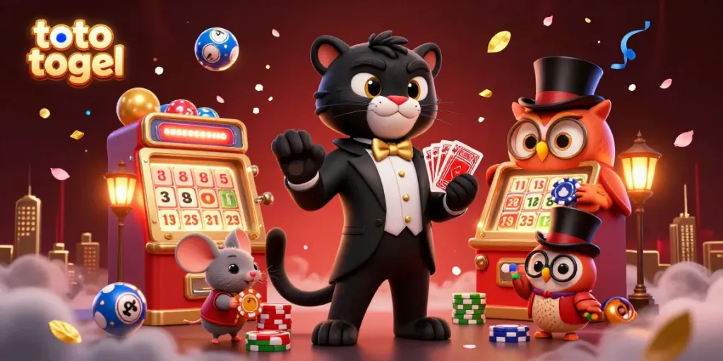 Experience the excitement of toto togel with a stylish panther dealer and lucky characters amidst bingo and lottery themes.