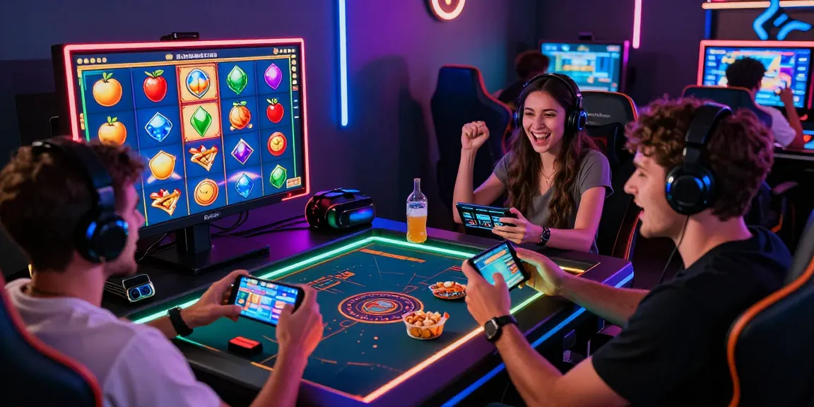 Pajaktoto slot gaming scene showing enthusiastic players enjoying vibrant online slots with colorful symbols.