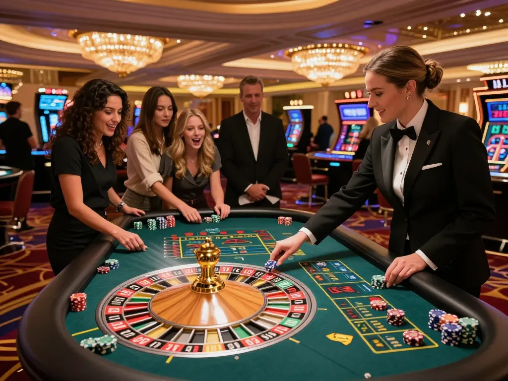 n188 players strategizing at a high-stakes roulette table in a luxurious casino setting