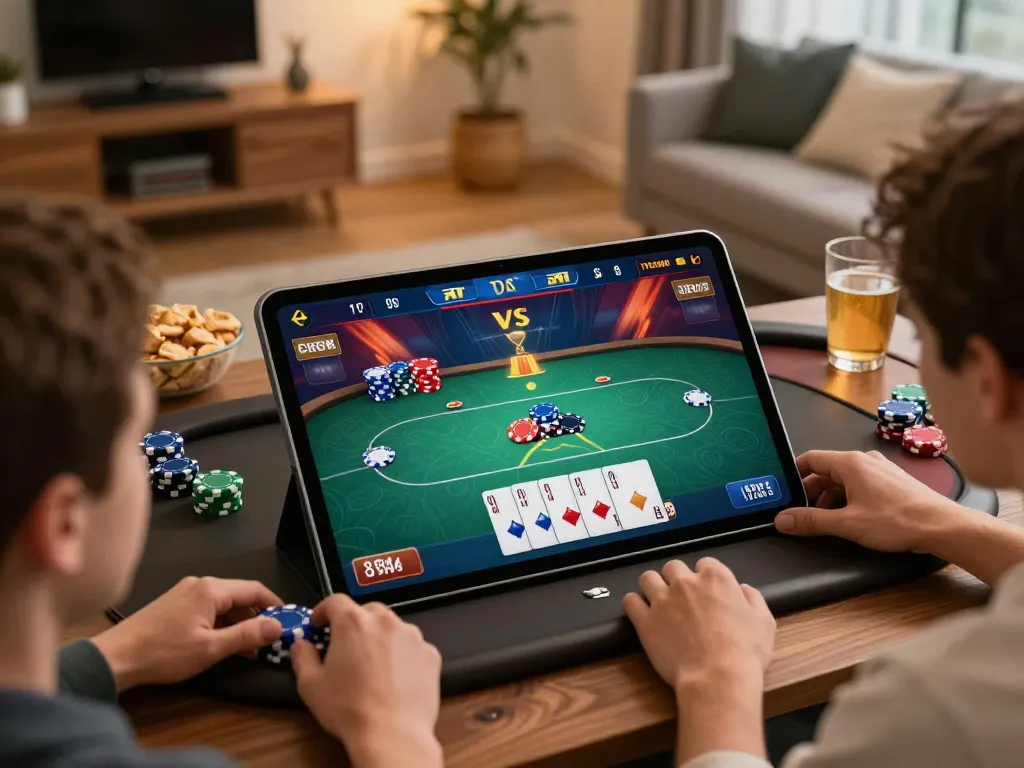Players engaging in a thrilling online poker game via 32win, with strategy notes visible alongside snacks.