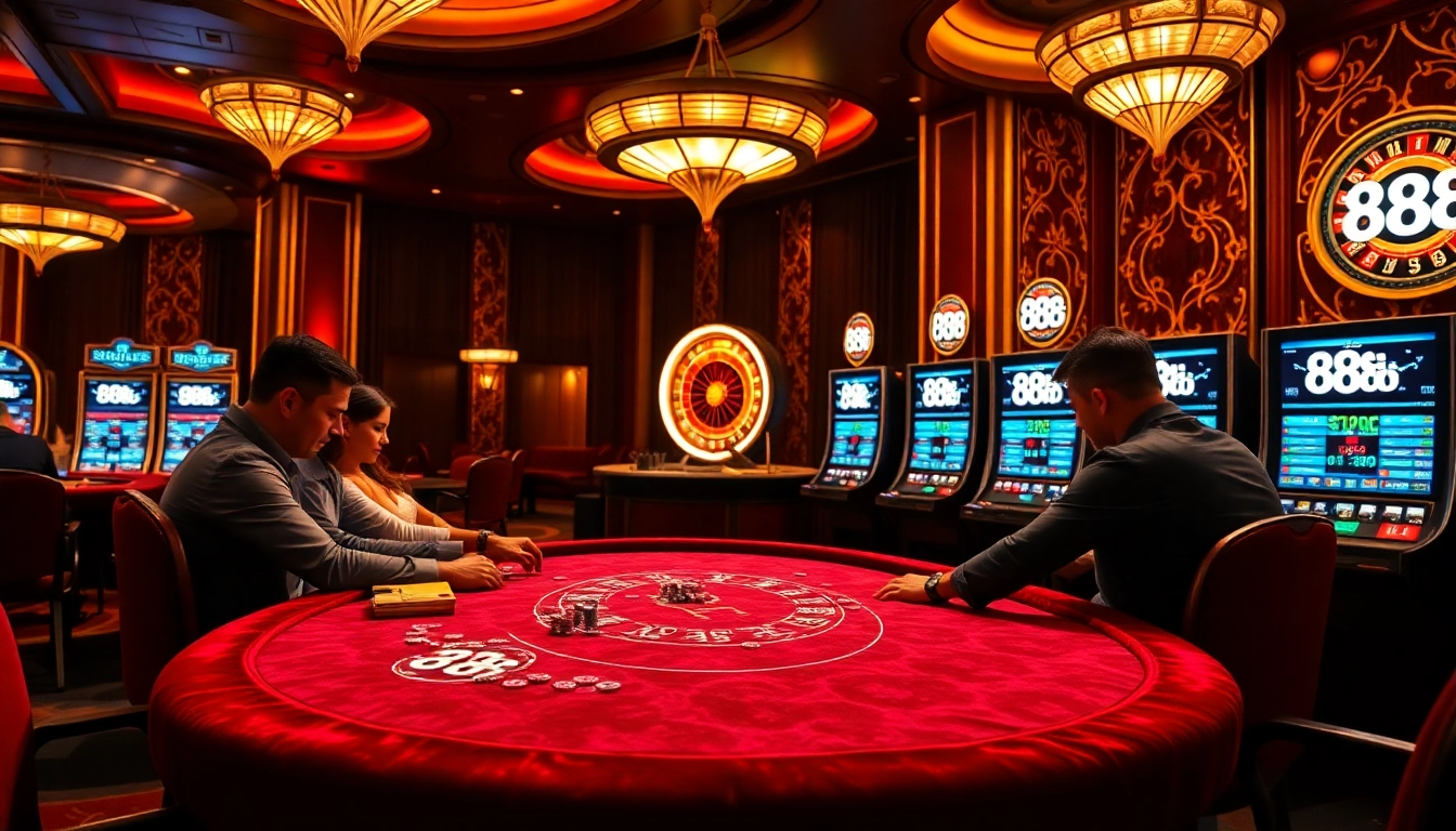 Exciting poker action at 88i casino table with vibrant chips and roulette wheel.