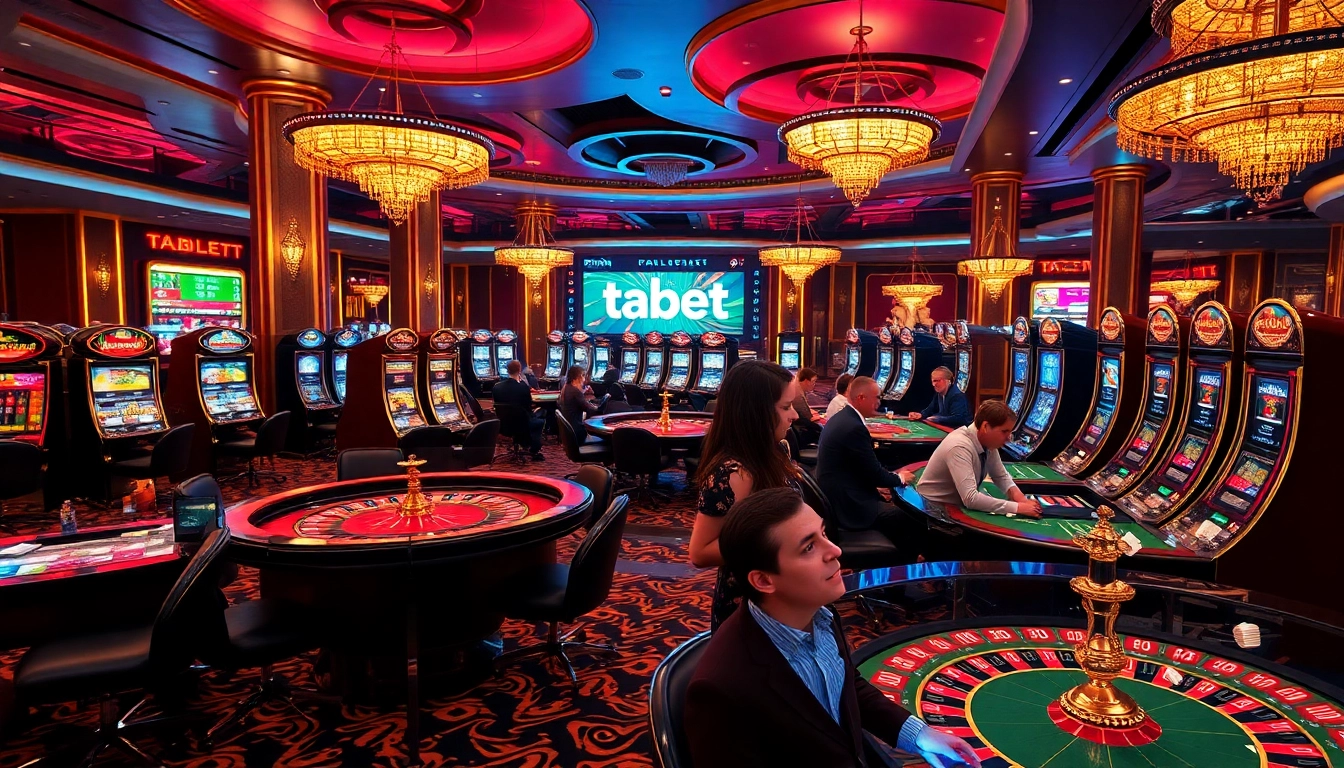 Players enjoy an exciting game at the casino featuring tabet, with poker tables and slot machines.