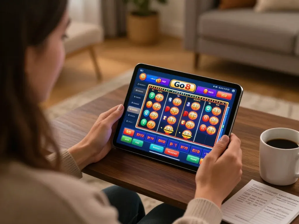 Engaging interaction with Go8 platform while strategizing bankroll management in a cozy home setting