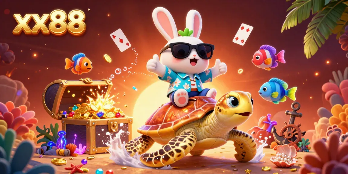 Play and win at xx88 with a vibrant casino scene featuring a lucky rabbit and golden turtle.