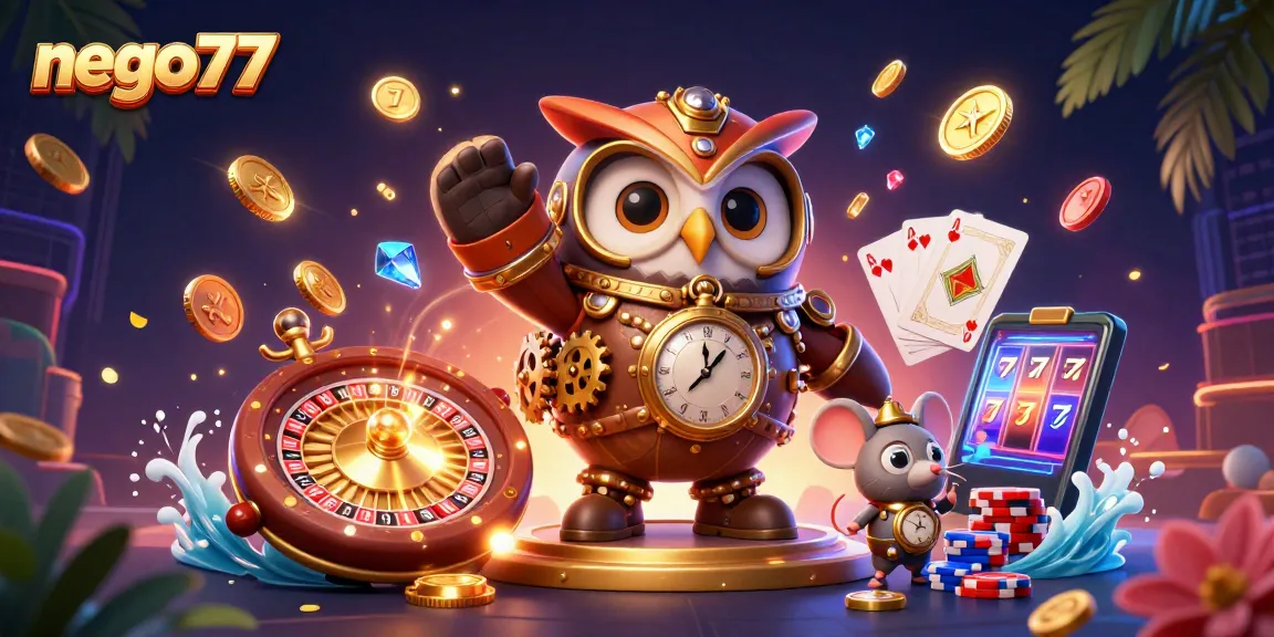Nego77 showcases a vibrant 3D casino scene with a time-traveler owl amidst dynamic gaming elements.