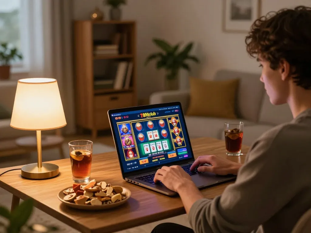 Player engaging with the 789club online gaming interface at home, highlighting a vibrant and cozy atmosphere.