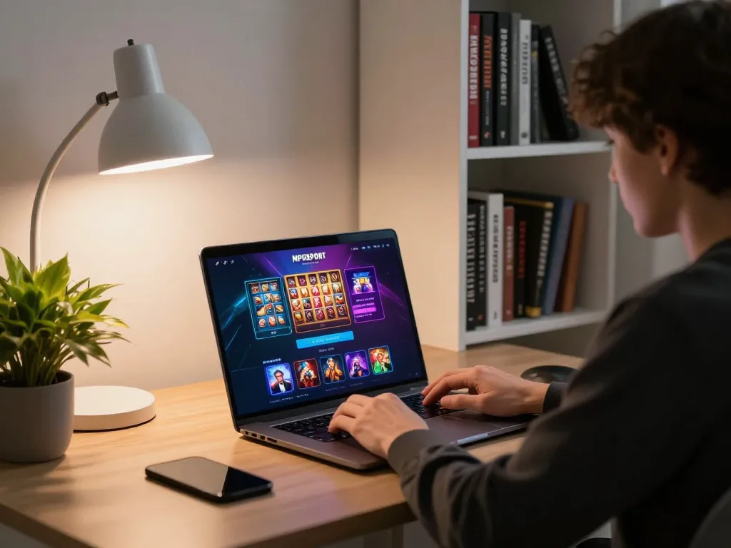 Engaging MPOSPORT login scene showcasing a home gaming setup with vibrant online casino elements, inviting atmosphere, and strategic ambiance.