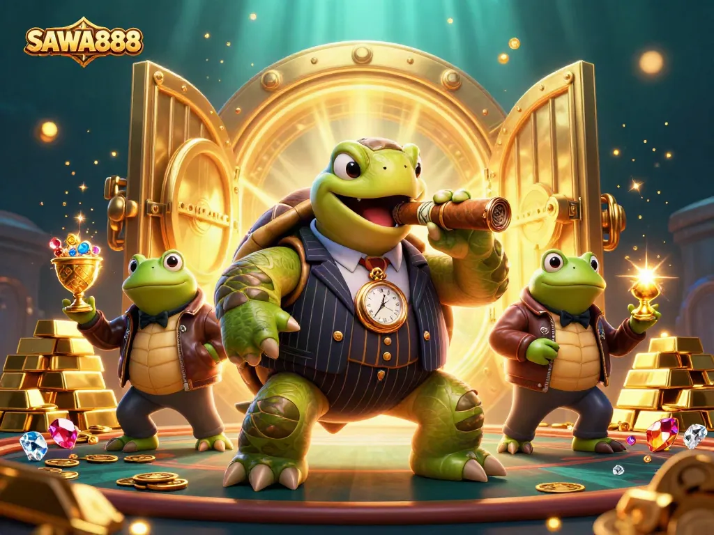 SAWA888 features a snapping turtle mob boss and bullfrog enforcers surrounded by casino treasures