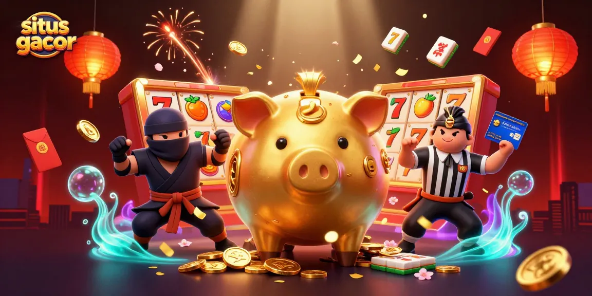 Experience exhilarating gameplay with situs gacor's golden piggy bank sumo wrestler and vibrant slots.