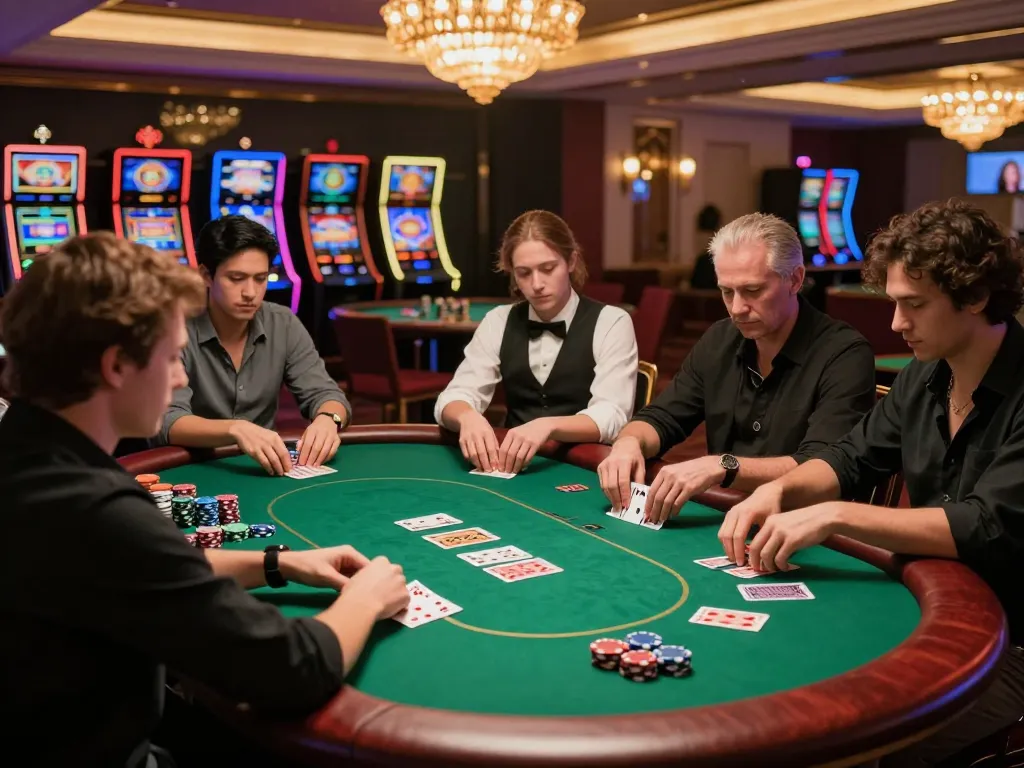 8xbet players engaging in a poker game in an upscale casino, showcasing strategic gameplay.
