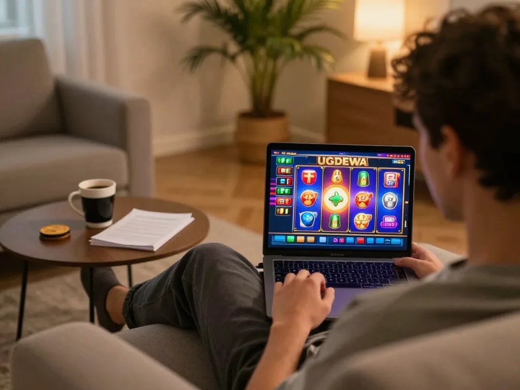 Engaging player enjoying UGDEWA slots on a laptop at home, showcasing a cozy and strategic gaming setup.