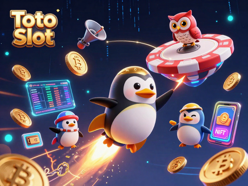 Experience thrilling gameplay with Toto Slot, featuring a golden penguin in a cosmic casino setting.