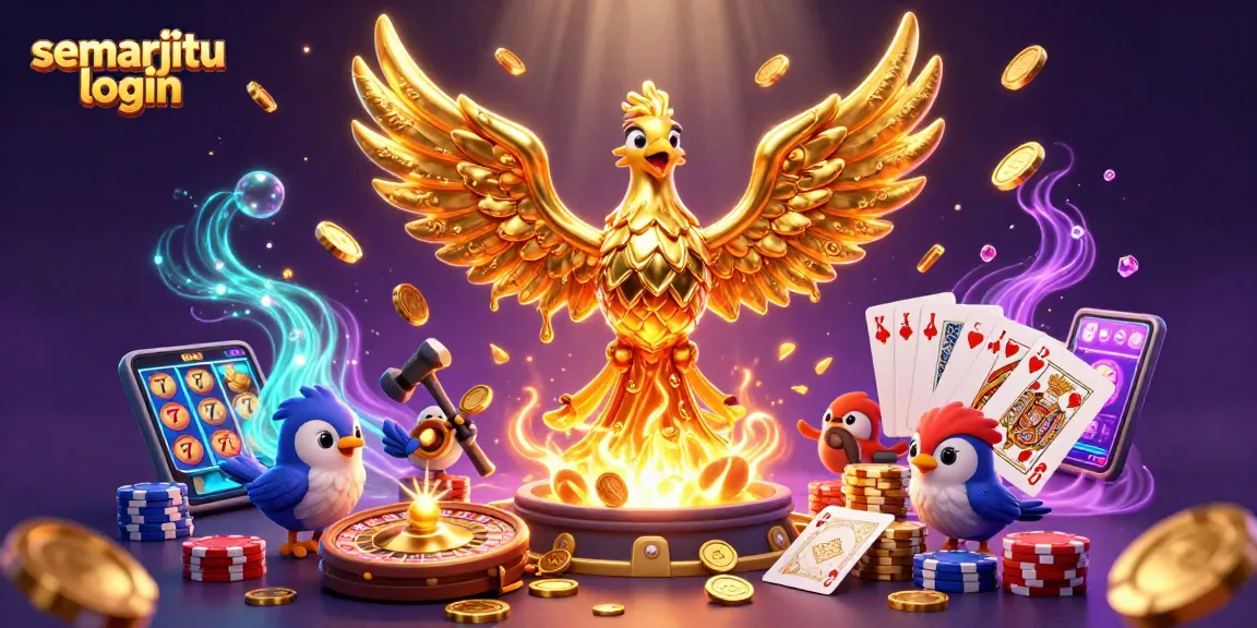 Masuk ke semarjitu login dengan gambar phoenix emas yang menyuplai koin dan permainan kasino.