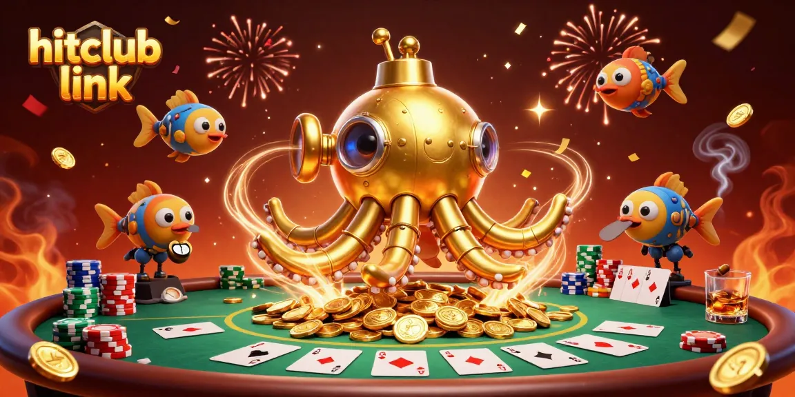 Experience the thrill of the hitclub link with a vibrant, dynamic casino scene featuring a golden kraken and poker elements.