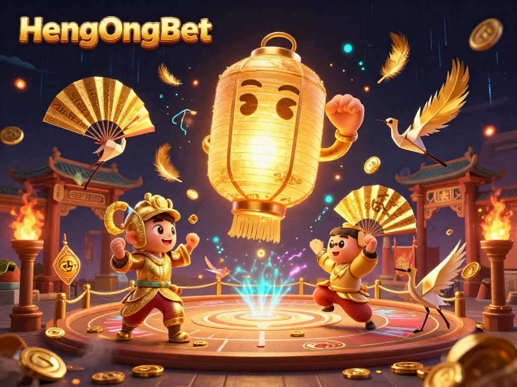 Engage with HengOngBet through exciting visuals of golden lanterns and casino elements.