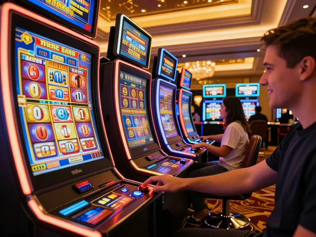 Player winning on SC88 slot machines, engaging atmosphere with neon lights and excitement.