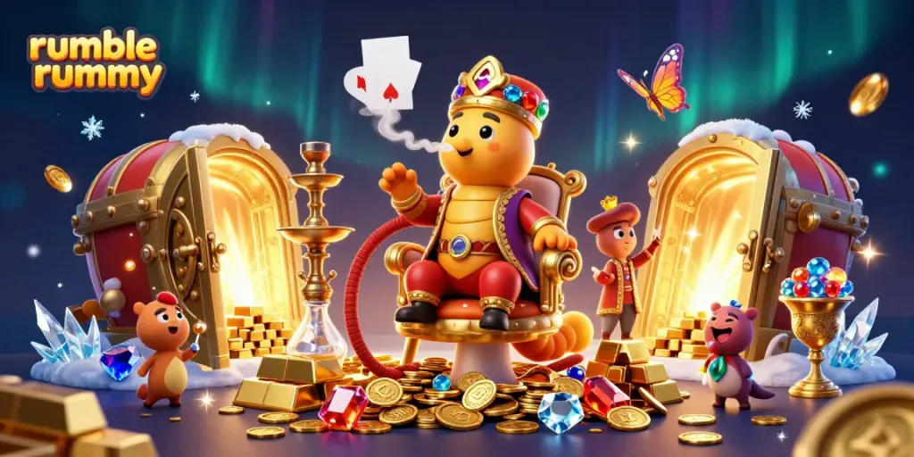 Experience rumble rummy with an artistic 3D scene featuring a caterpillar master in a casino-inspired setting.