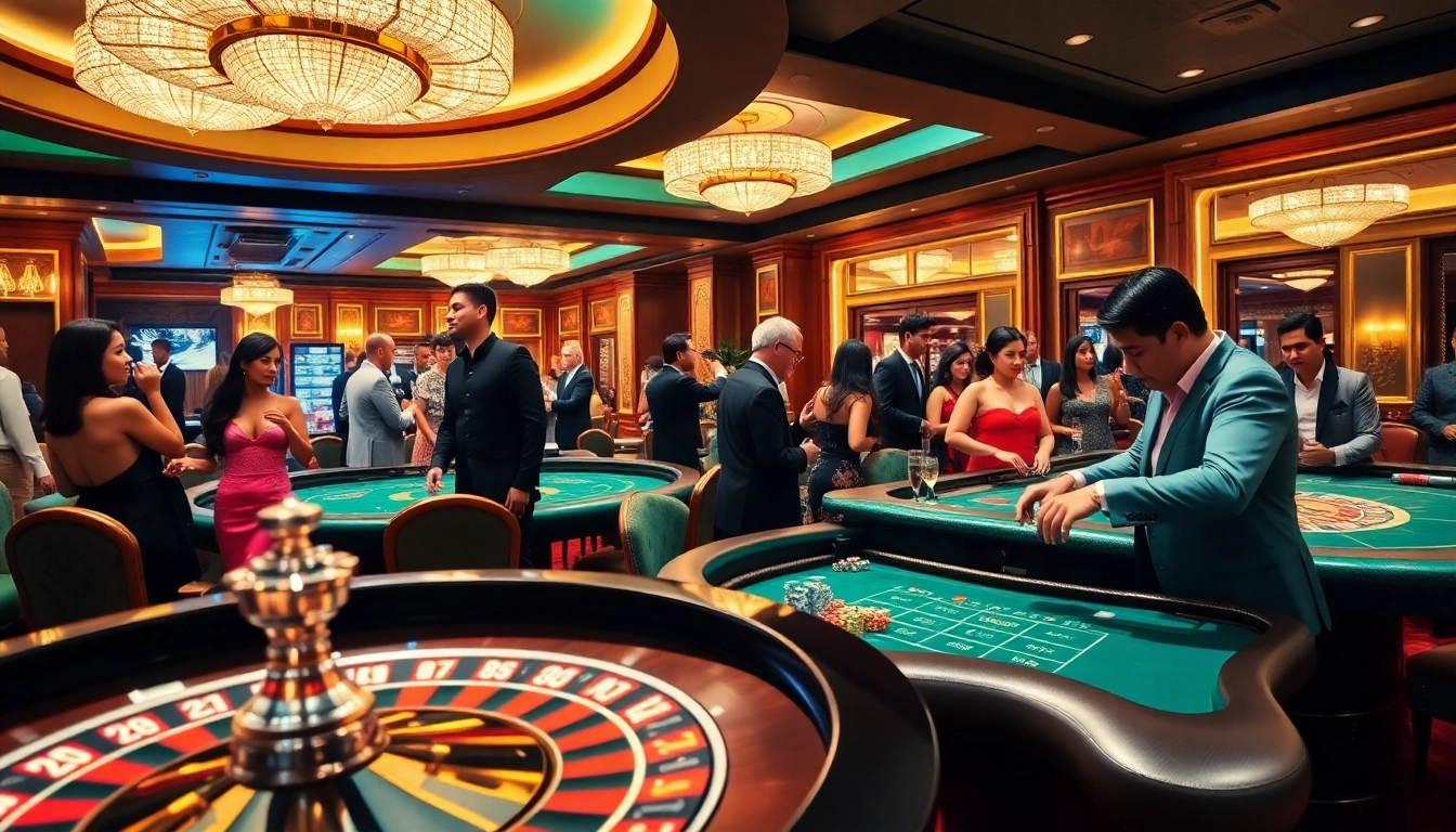 Experience the thrilling excitement of gambling at https://nh88vn.com/ with luxurious casino tables and vibrant patrons.