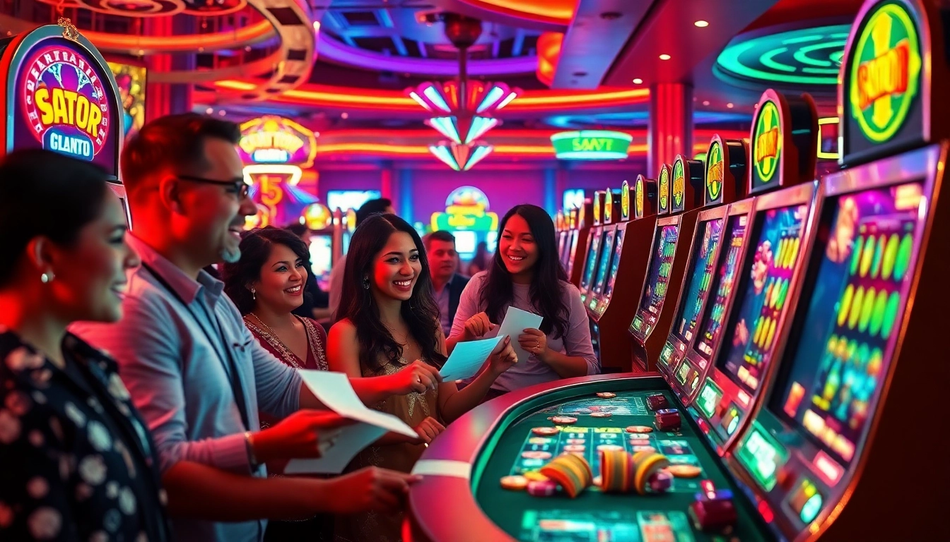 Excited players hitting the jackpot on slot gacor machines in a luxurious casino setting.