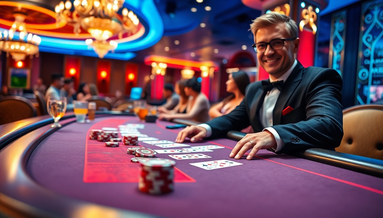 에볼루션 카지노에서 카드 딜링을 즐기는 장면과 화려한 카지노 환경을 보여줍니다.