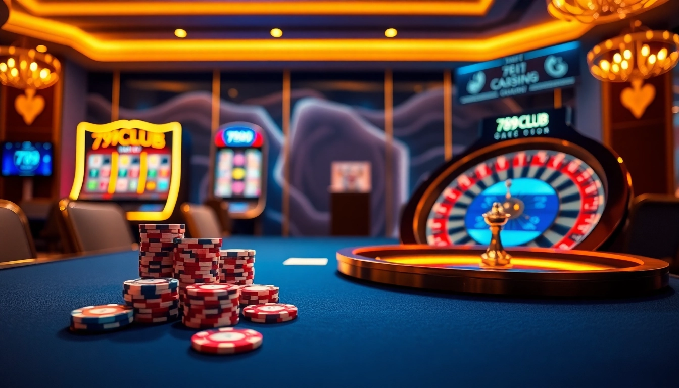 Action-packed casino scene with 789club.quest elements highlighting poker, slots, and roulette.