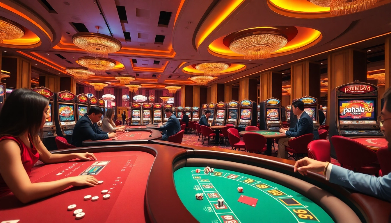 Pahala4d gaming experience captured with luxury casino tables, vibrant slot machines, and eager players.