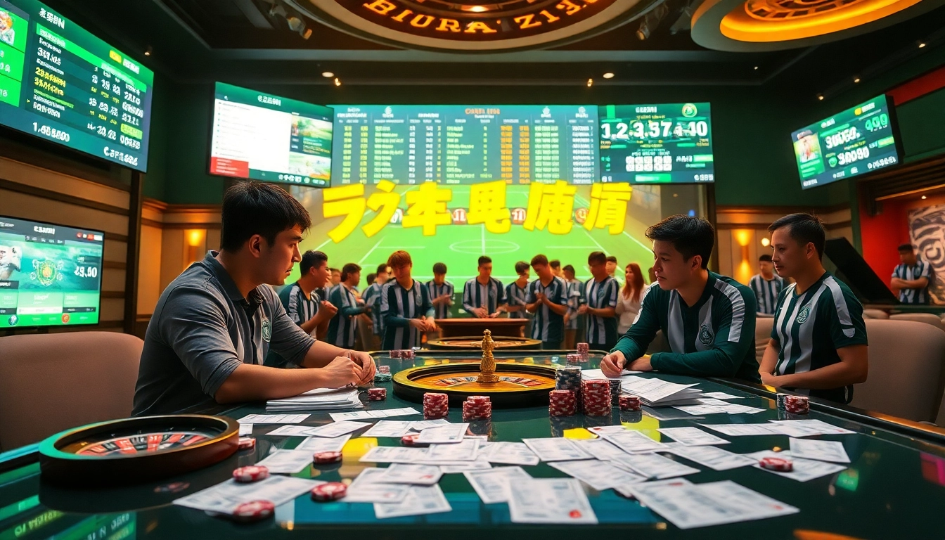 Explore เทคนิคแทงบอล strategies in a lively casino scene filled with sports betting activity and vibrant visuals.