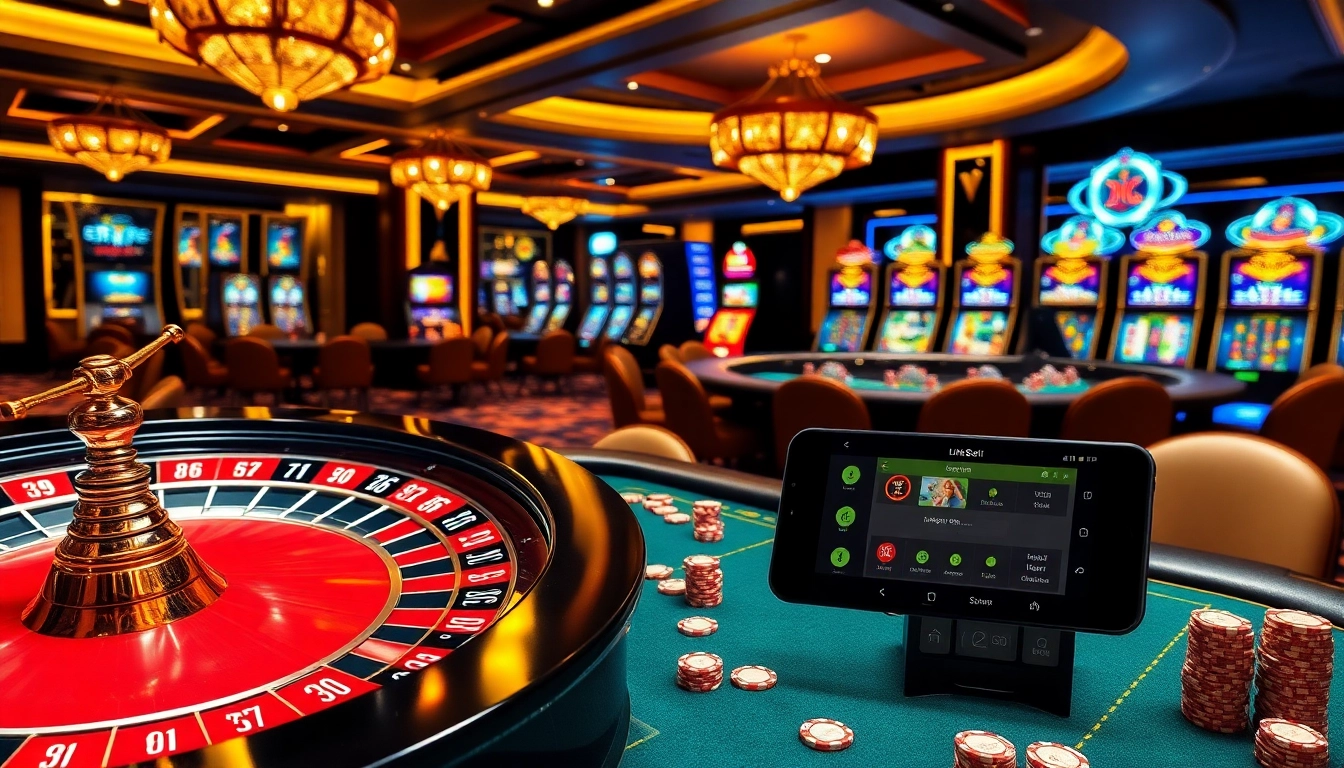 Engage with link 88i in an elegant casino setting featuring roulette and slot machines.