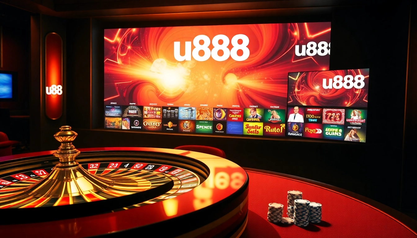 Experience the thrill of u888 online gaming with vibrant casino visuals featuring slots and roulette.