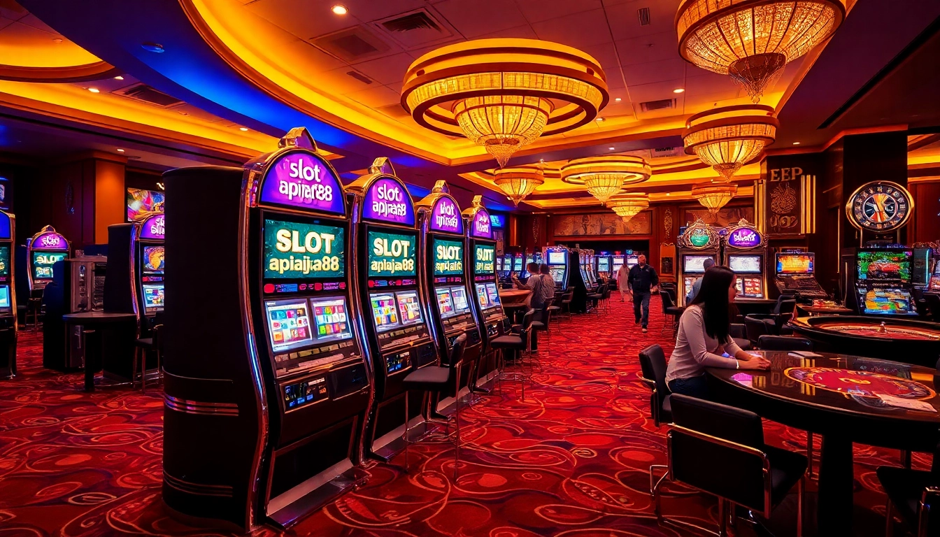 Players enjoying the excitement around the slot apiraja88 machines in a vibrant casino environment.