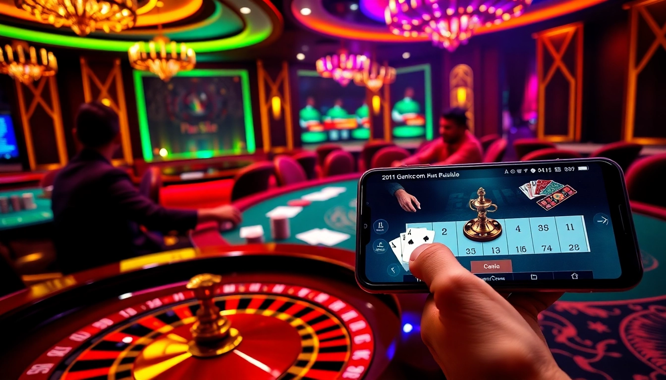Players enjoying online gambling at bl555 com with poker chips and cards in a vibrant casino scene.