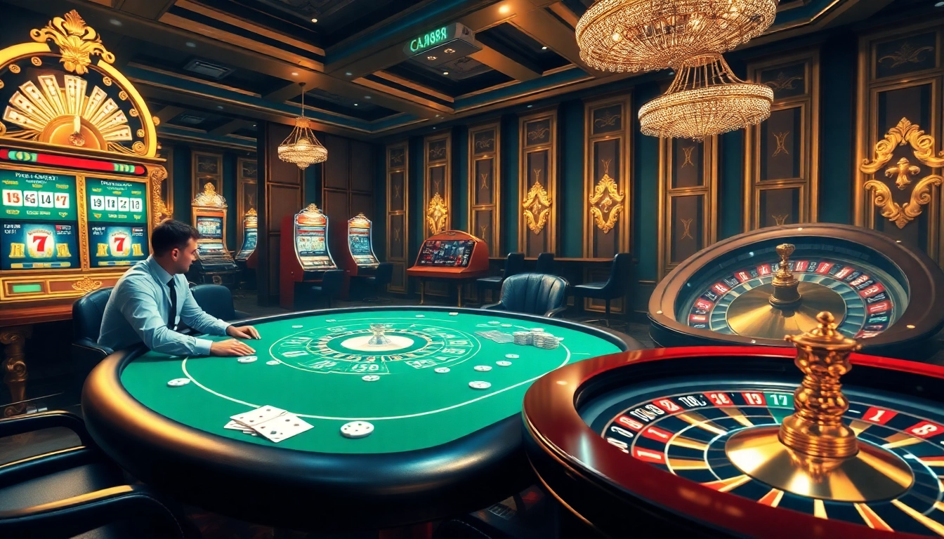 Players enjoying a game at u888, featuring luxurious tables and vibrant slot machines.