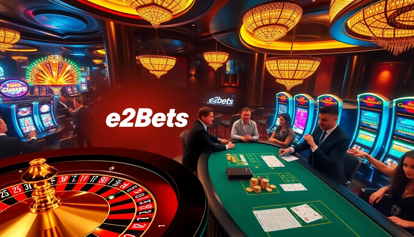 Engaging e2bets casino scene with roulette wheel, betting slips, and thrilled players in luxury.