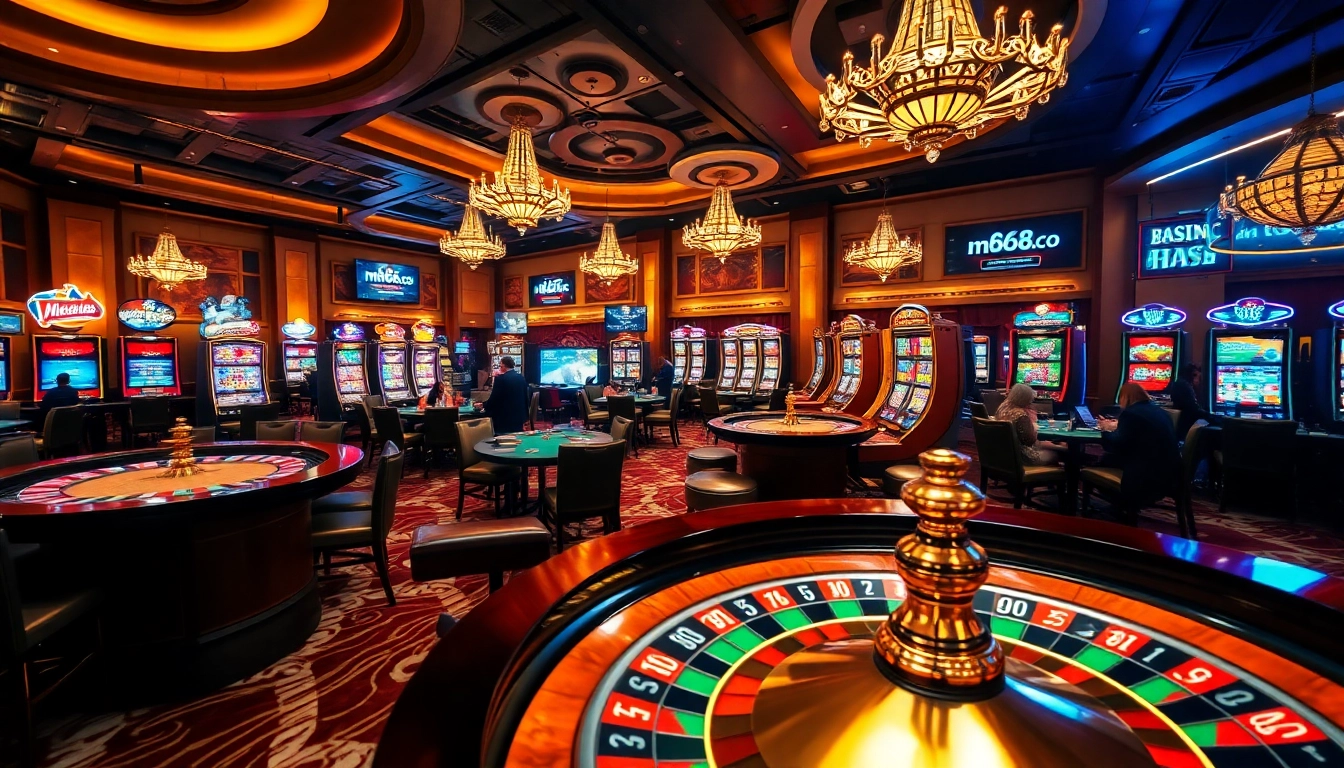A vibrant casino scene showcasing exciting gameplay at mb668.co with poker tables and roulette wheels.