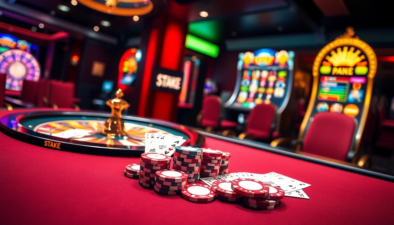 סצנת ההימורים Stake סוכן עם שולחן פוקר, גלגל רולטה, ומכונת מזל צבעונית.