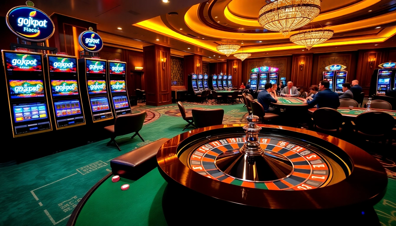 Experience the excitement of gojekpot at a luxurious casino with vibrant slot machines and thrilling tables.